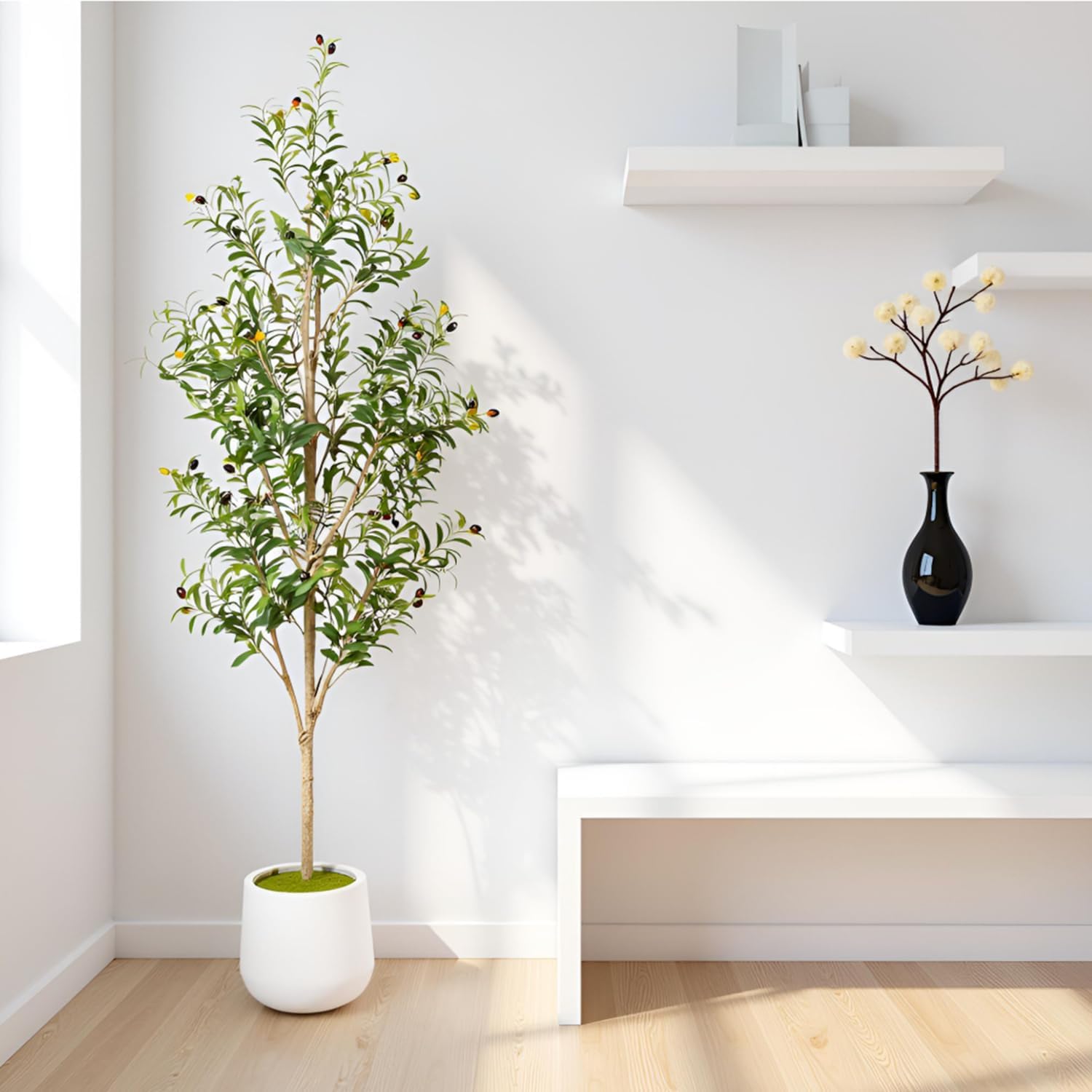 6-foot tall faux olive tree with realistic green polyethylene foliage, natural wood trunk, and white ceramic pot — view 2