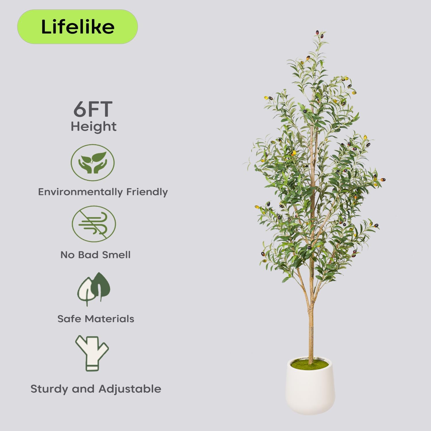 6-foot tall faux olive tree with realistic green polyethylene foliage, natural wood trunk, and white ceramic pot — view 4