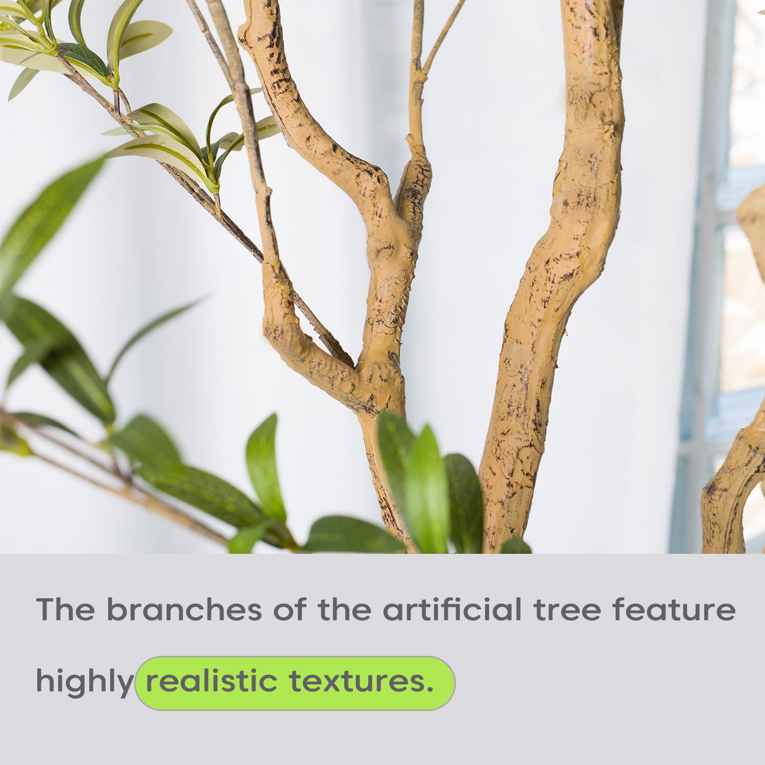 6-foot tall faux olive tree with realistic green polyethylene foliage, natural wood trunk, and white ceramic pot — view 4
