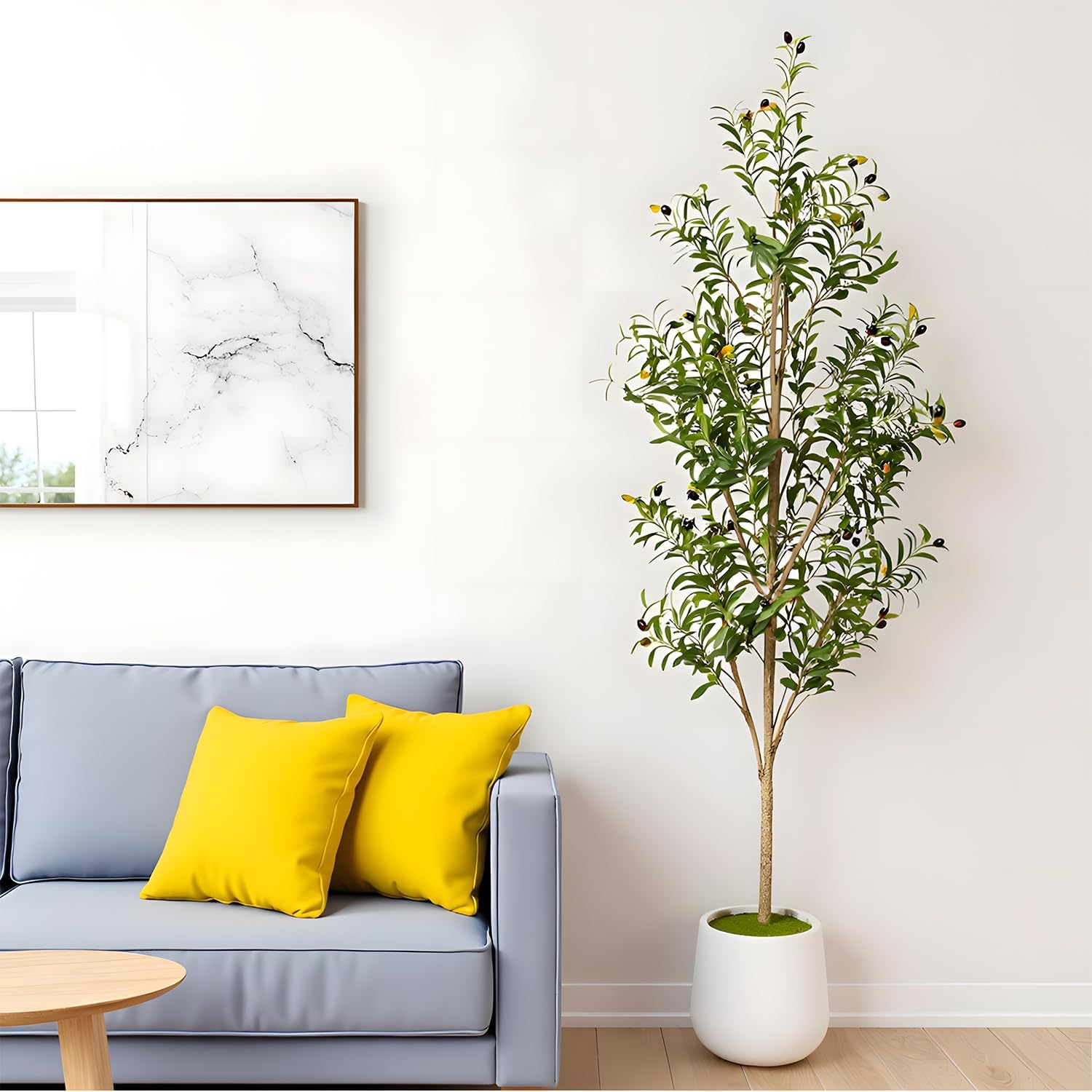6-foot tall faux olive tree with realistic green polyethylene foliage, natural wood trunk, and white ceramic pot — view 5