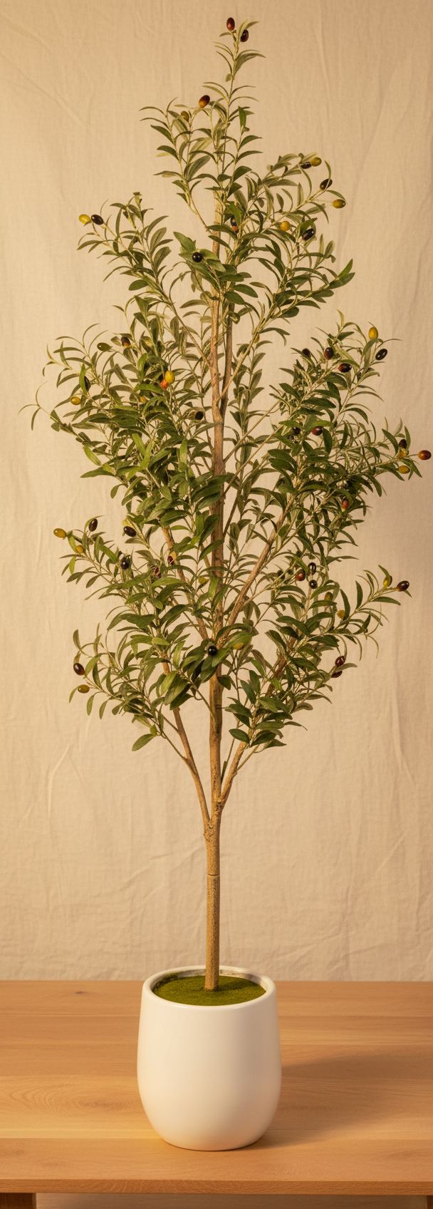 6-foot tall faux olive tree with realistic green polyethylene foliage, natural wood trunk, and white ceramic pot — hero view 1