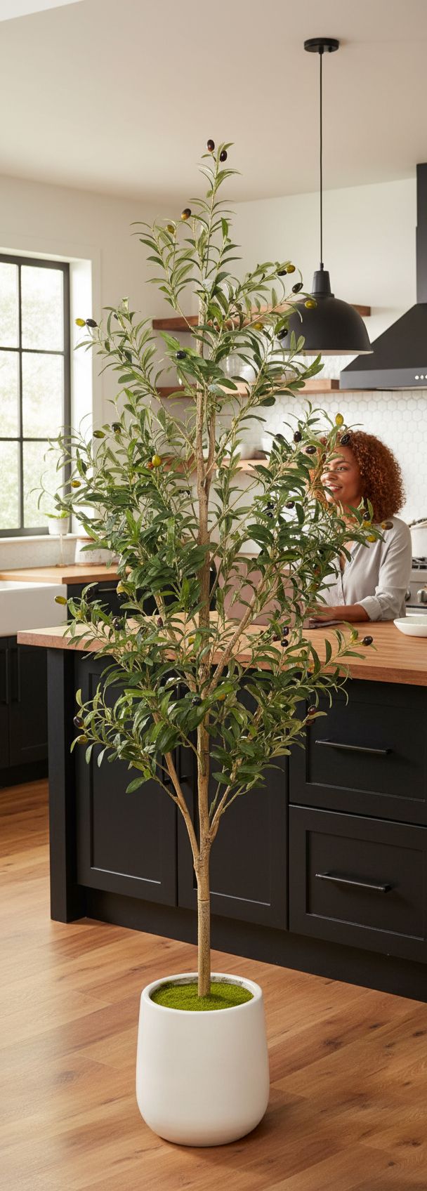 6-foot tall faux olive tree with realistic green polyethylene foliage, natural wood trunk, and white ceramic pot — view 3b