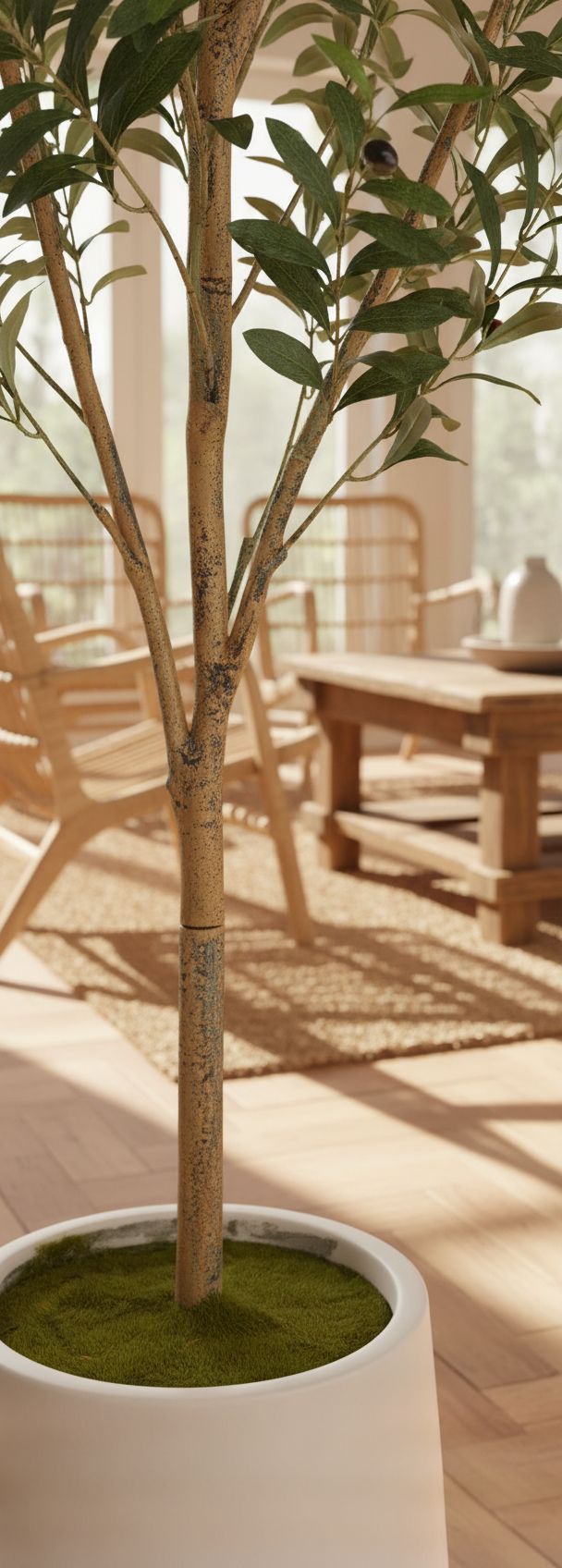 6-foot tall faux olive tree with realistic green polyethylene foliage, natural wood trunk, and white ceramic pot — view 7