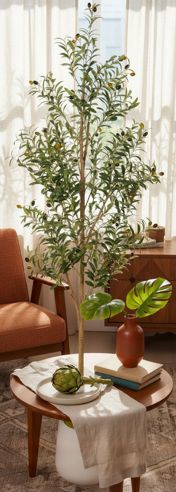 6-foot tall faux olive tree with realistic green polyethylene foliage, natural wood trunk, and white ceramic pot — view 3a