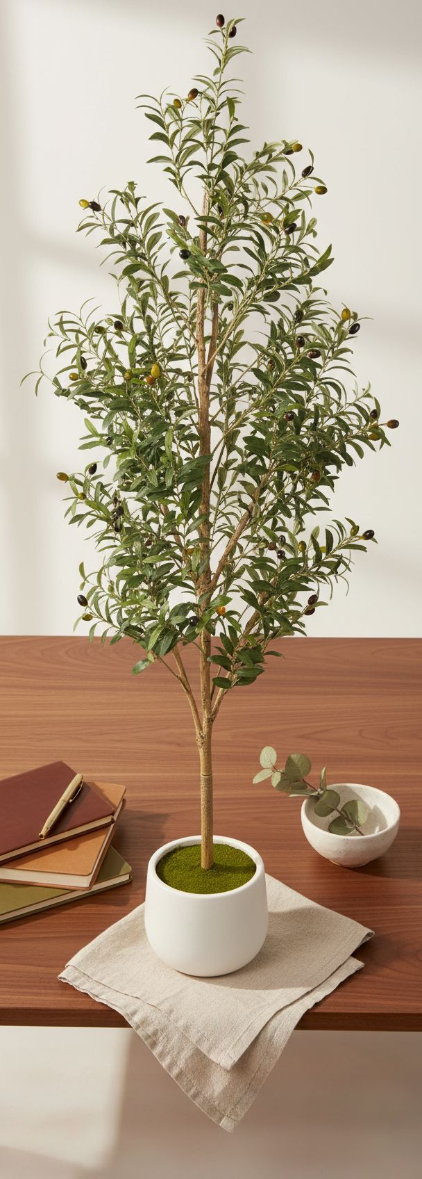 6-foot tall faux olive tree with realistic green polyethylene foliage, natural wood trunk, and white ceramic pot — hero view 2