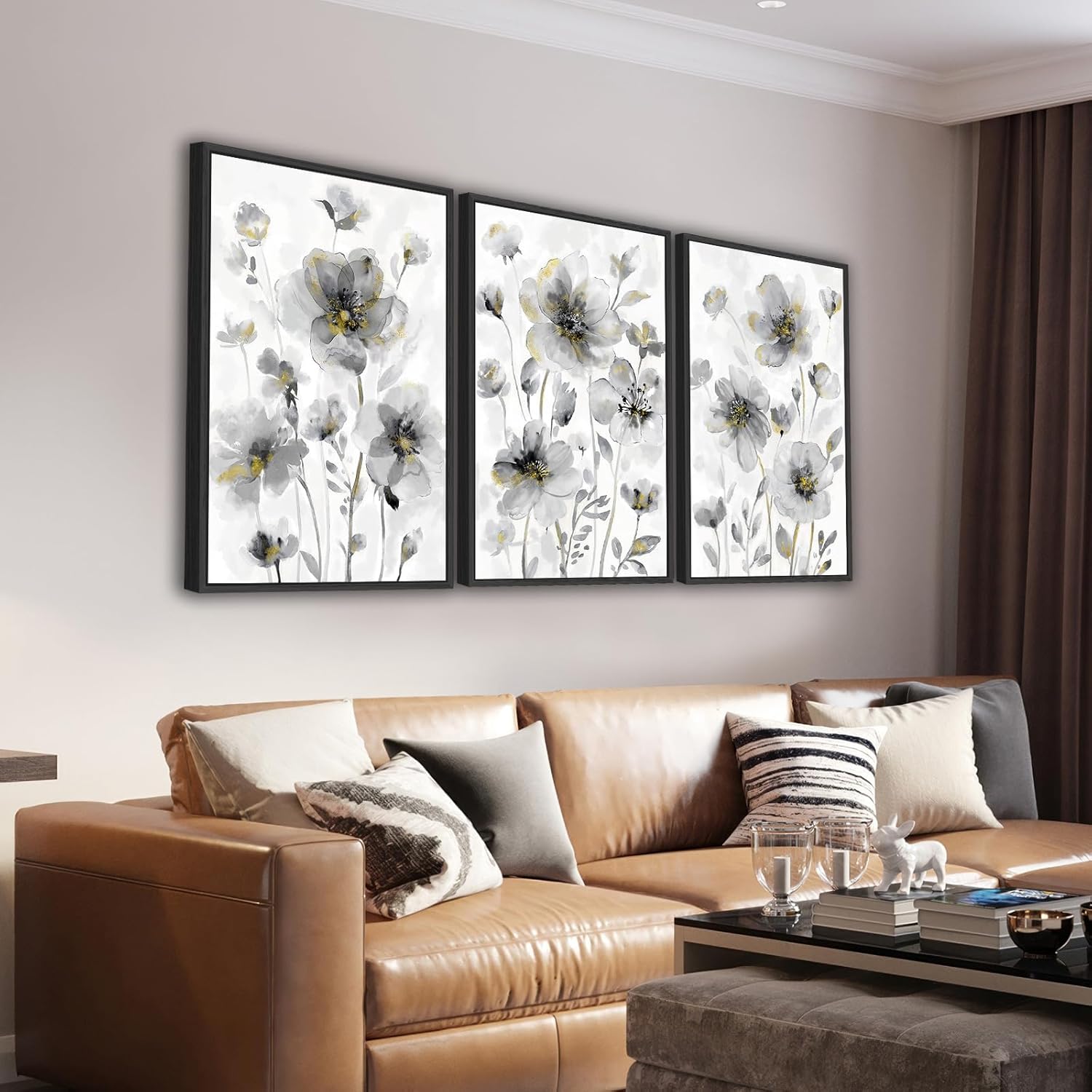 Set of 3 framed canvas wildflower paintings with cream white blossoms on neutral background, modern farmhouse style wall art — view 1