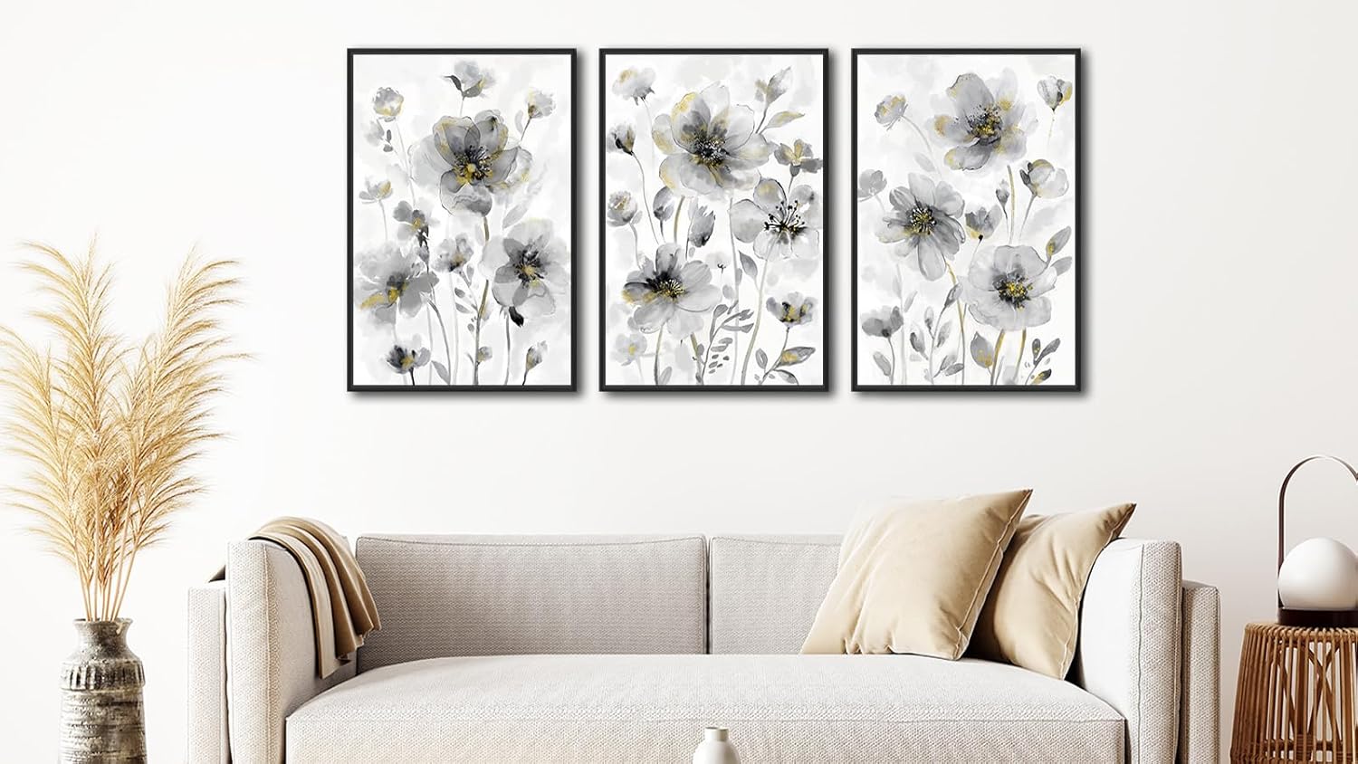 Set of 3 framed canvas wildflower paintings with cream white blossoms on neutral background, modern farmhouse style wall art — view 2