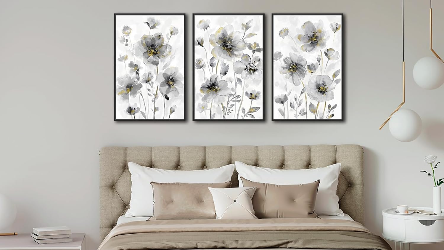 Set of 3 framed canvas wildflower paintings with cream white blossoms on neutral background, modern farmhouse style wall art — view 3