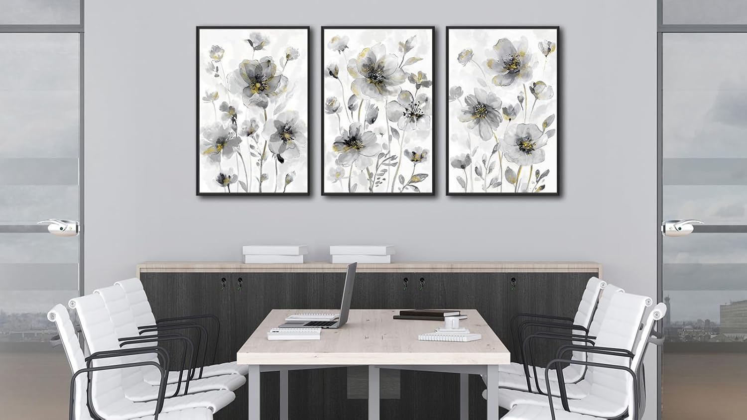 Set of 3 framed canvas wildflower paintings with cream white blossoms on neutral background, modern farmhouse style wall art — view 4