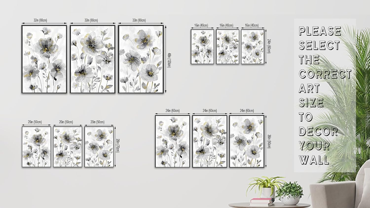 Set of 3 framed canvas wildflower paintings with cream white blossoms on neutral background, modern farmhouse style wall art — view 3