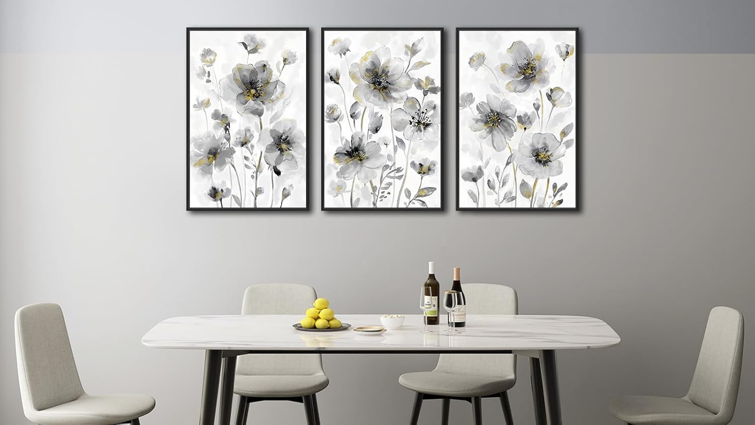 Set of 3 framed canvas wildflower paintings with cream white blossoms on neutral background, modern farmhouse style wall art — view 4