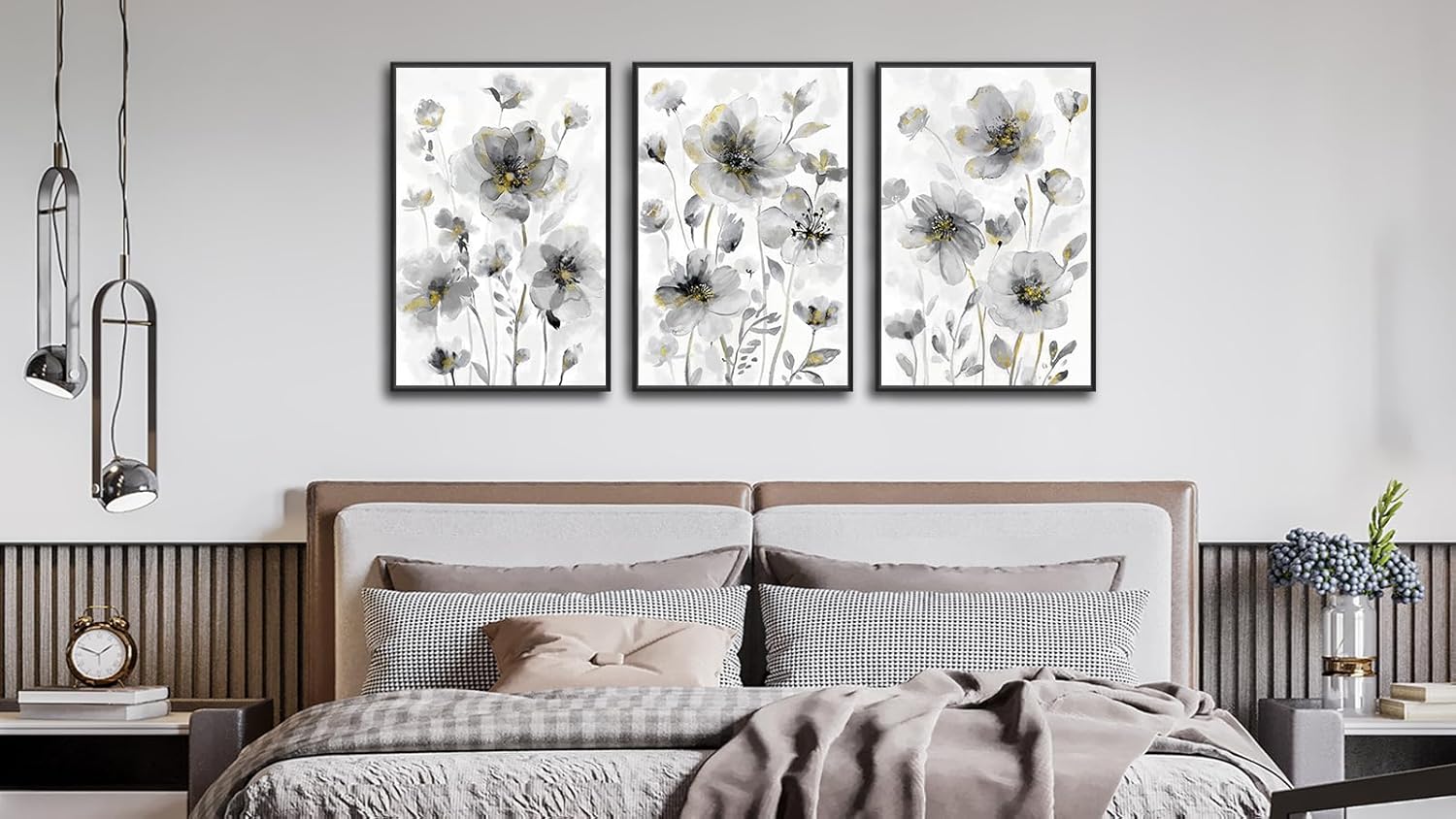 Set of 3 framed canvas wildflower paintings with cream white blossoms on neutral background, modern farmhouse style wall art — view 5