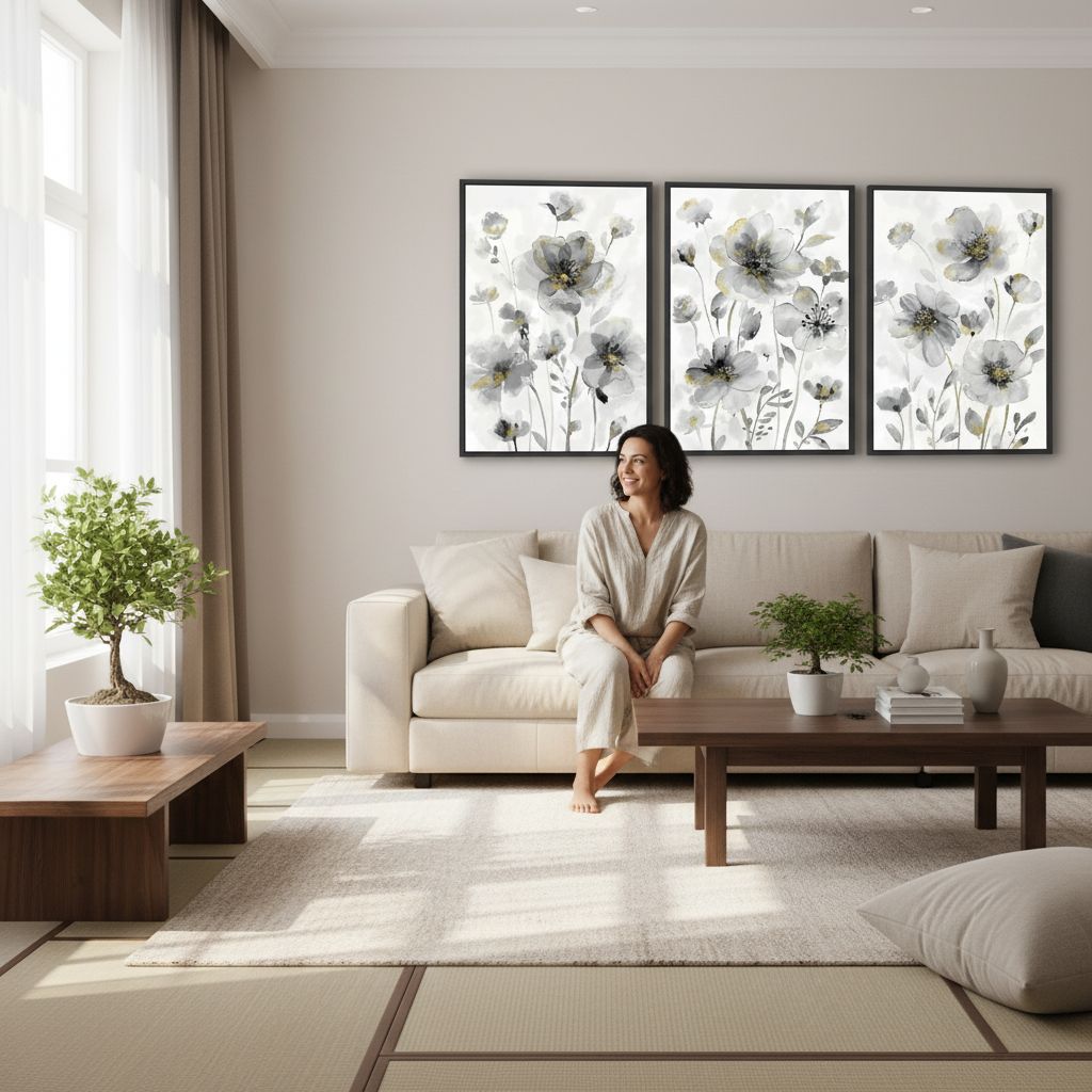 Set of 3 framed canvas wildflower paintings with cream white blossoms on neutral background, modern farmhouse style wall art — view 3b