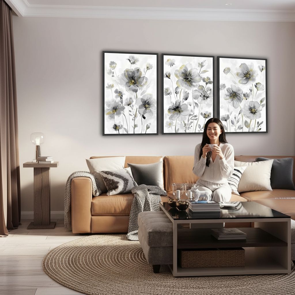 Set of 3 framed canvas wildflower paintings with cream white blossoms on neutral background, modern farmhouse style wall art — view 2