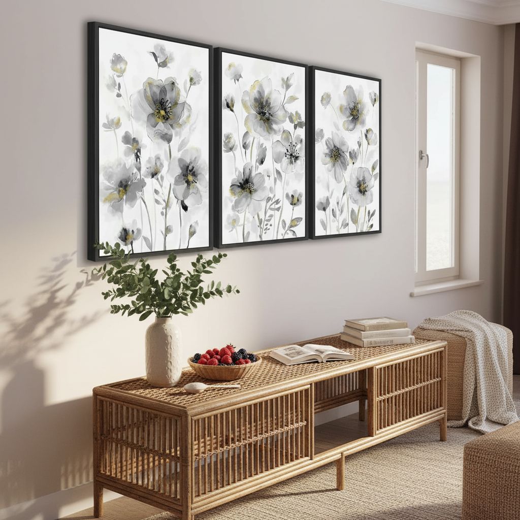 Set of 3 framed canvas wildflower paintings with cream white blossoms on neutral background, modern farmhouse style wall art — view 3a