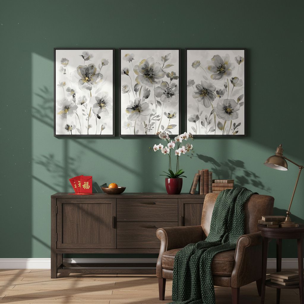 Set of 3 framed canvas wildflower paintings with cream white blossoms on neutral background, modern farmhouse style wall art — view 4