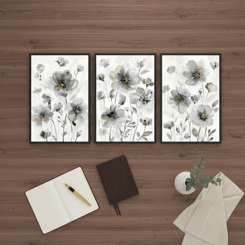 Set of 3 framed canvas wildflower paintings with cream white blossoms on neutral background, modern farmhouse style wall art — hero view 2