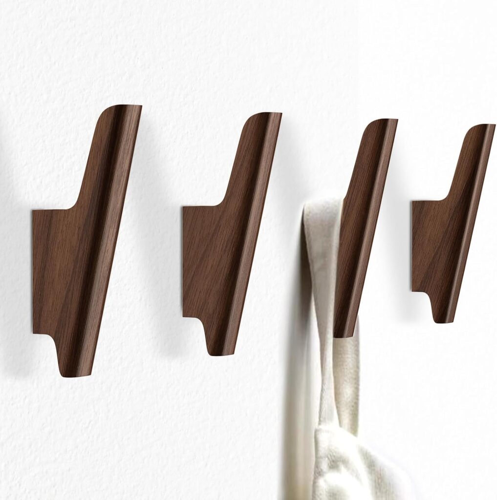 Walnut Wood Coat Hooks 4-Pack for Entryway