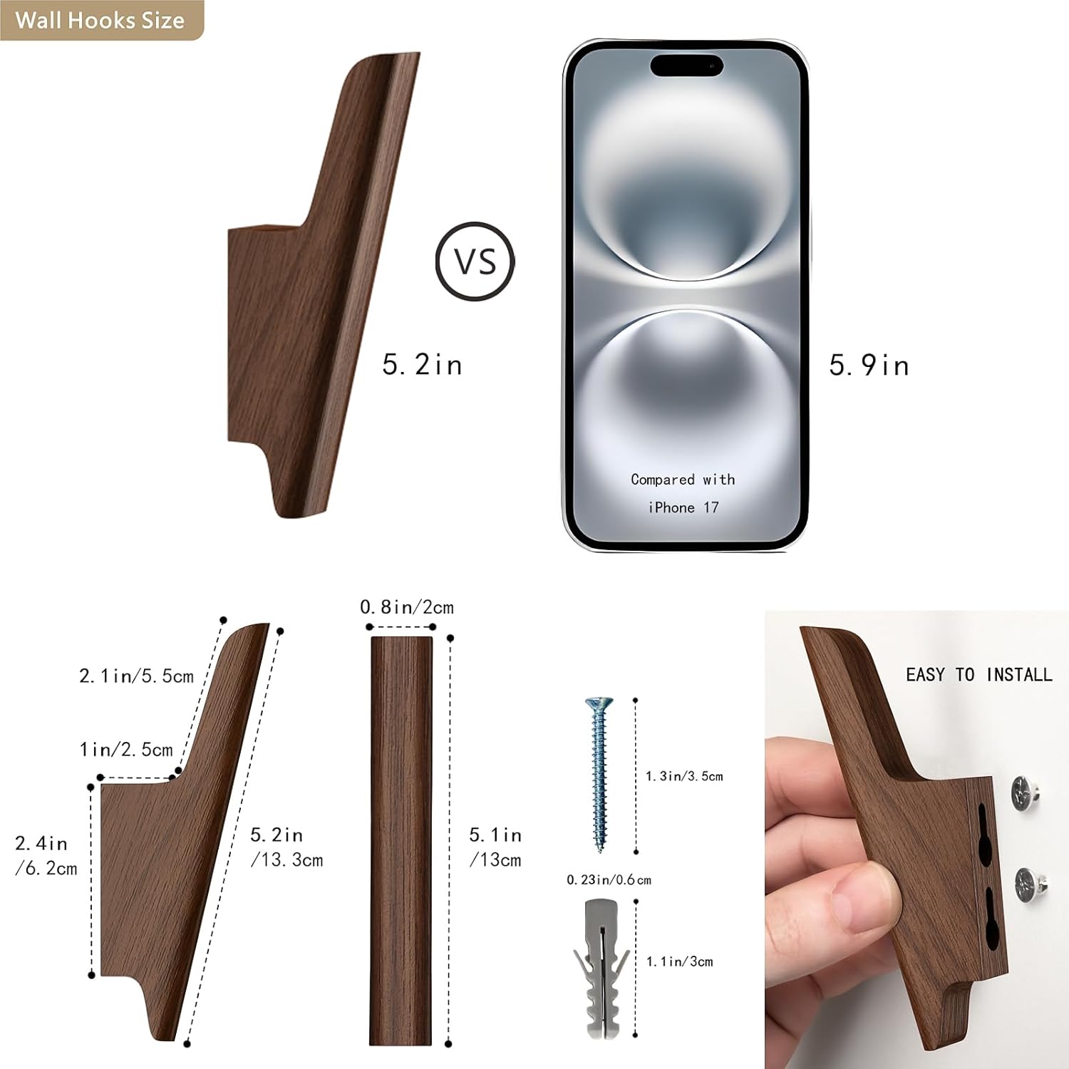Set of four walnut wood wall-mounted coat hooks with warm earth tone finish, shown installed on white entryway wall — view 3
