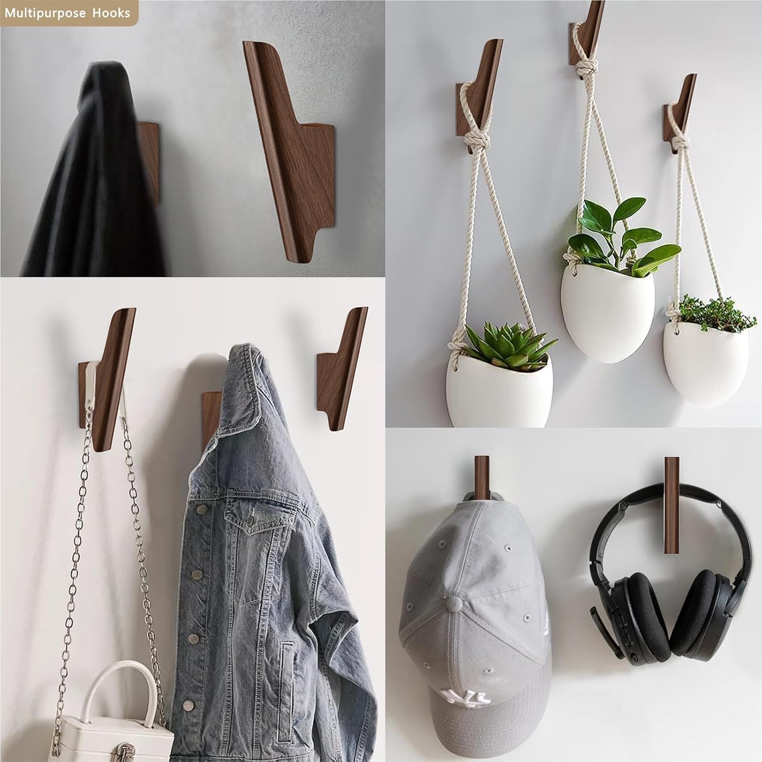 Set of four walnut wood wall-mounted coat hooks with warm earth tone finish, shown installed on white entryway wall — view 2