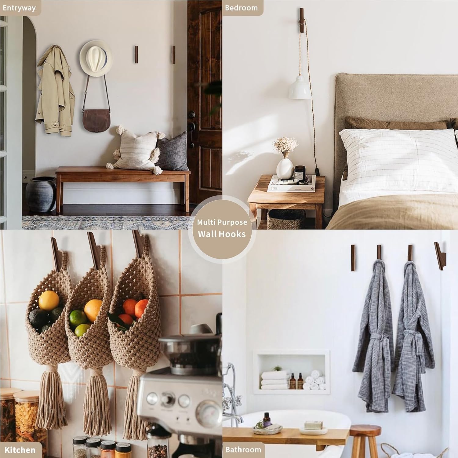 Set of four walnut wood wall-mounted coat hooks with warm earth tone finish, shown installed on white entryway wall — view 4