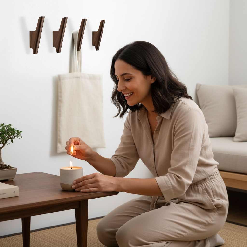 Set of four walnut wood wall-mounted coat hooks with warm earth tone finish, shown installed on white entryway wall — view 2