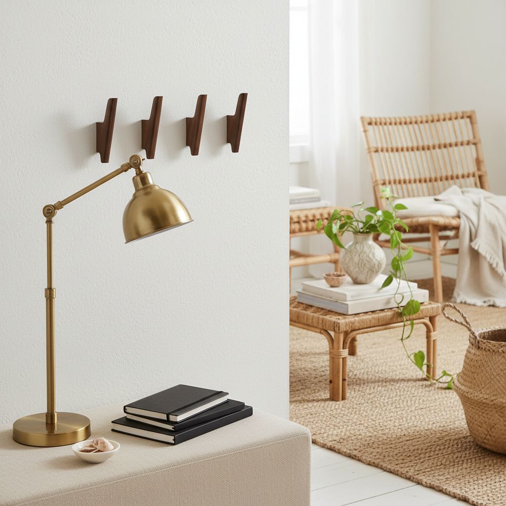 Set of four walnut wood wall-mounted coat hooks with warm earth tone finish, shown installed on white entryway wall — view 3a