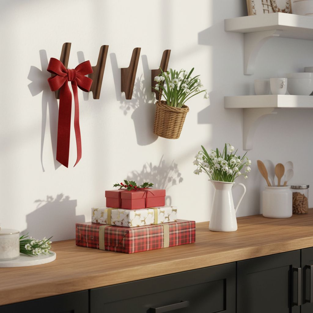 Set of four walnut wood wall-mounted coat hooks with warm earth tone finish, shown installed on white entryway wall — view 4