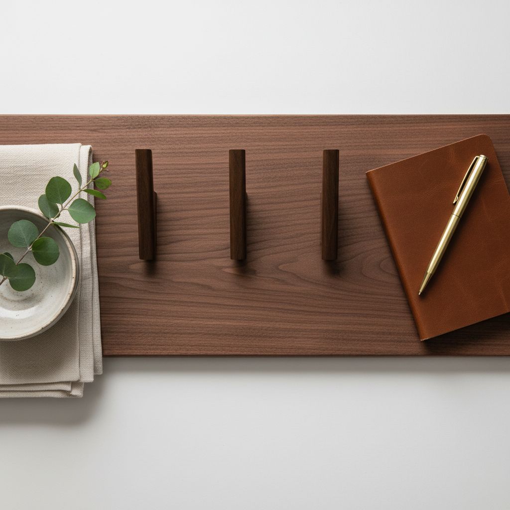 Set of four walnut wood wall-mounted coat hooks with warm earth tone finish, shown installed on white entryway wall — hero view 2