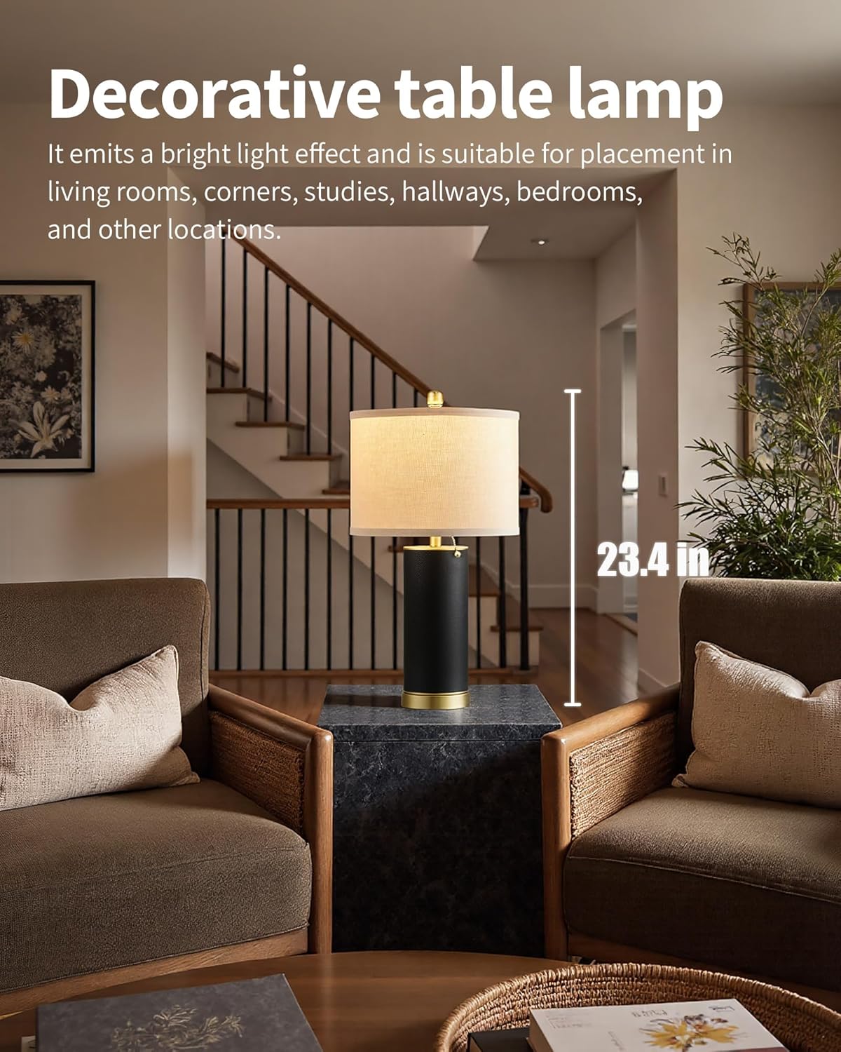 [Color] PU leather table lamp with fabric shade, [angle view], modern farmhouse style for bedroom or living room — view 2