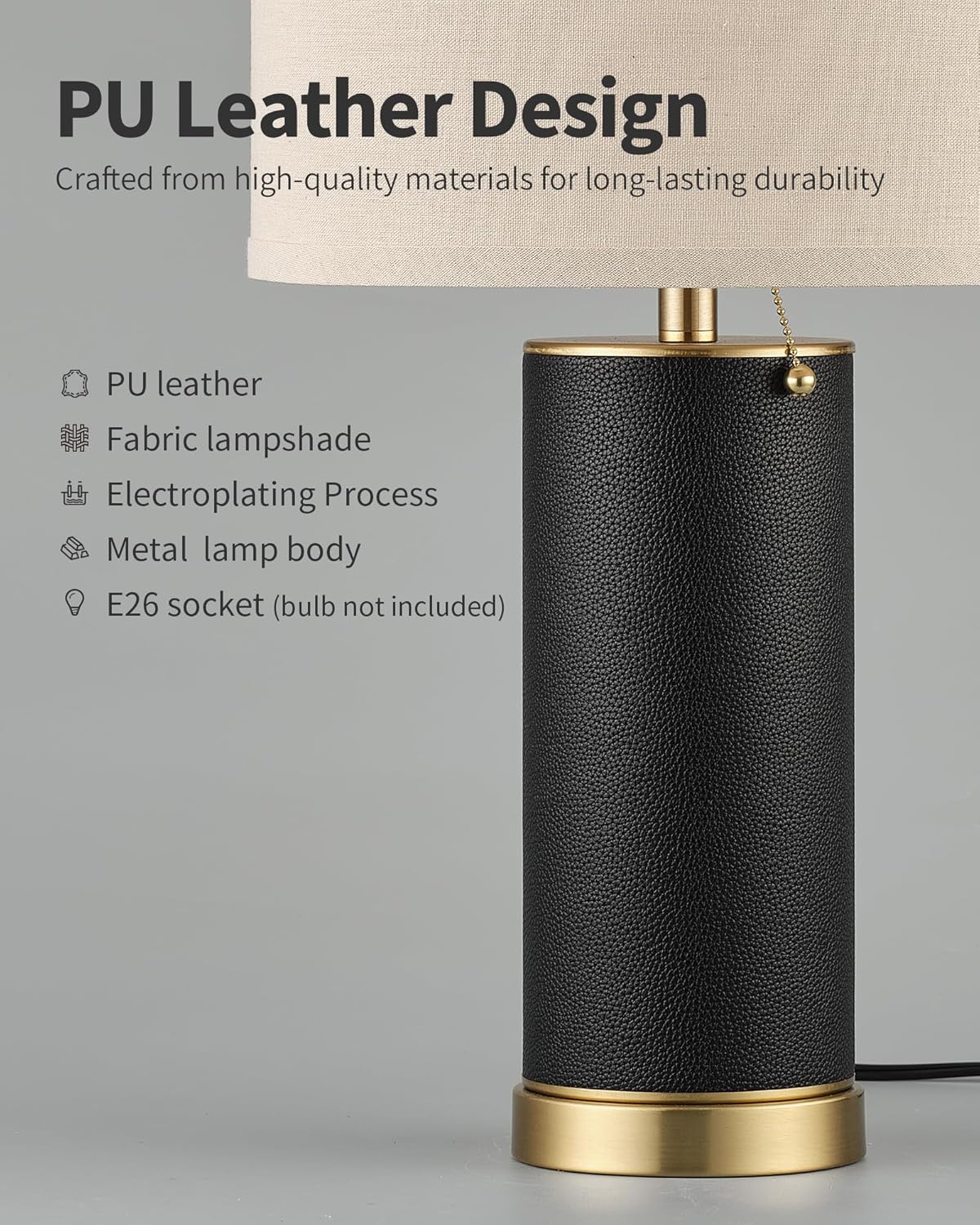 [Color] PU leather table lamp with fabric shade, [angle view], modern farmhouse style for bedroom or living room — view 3