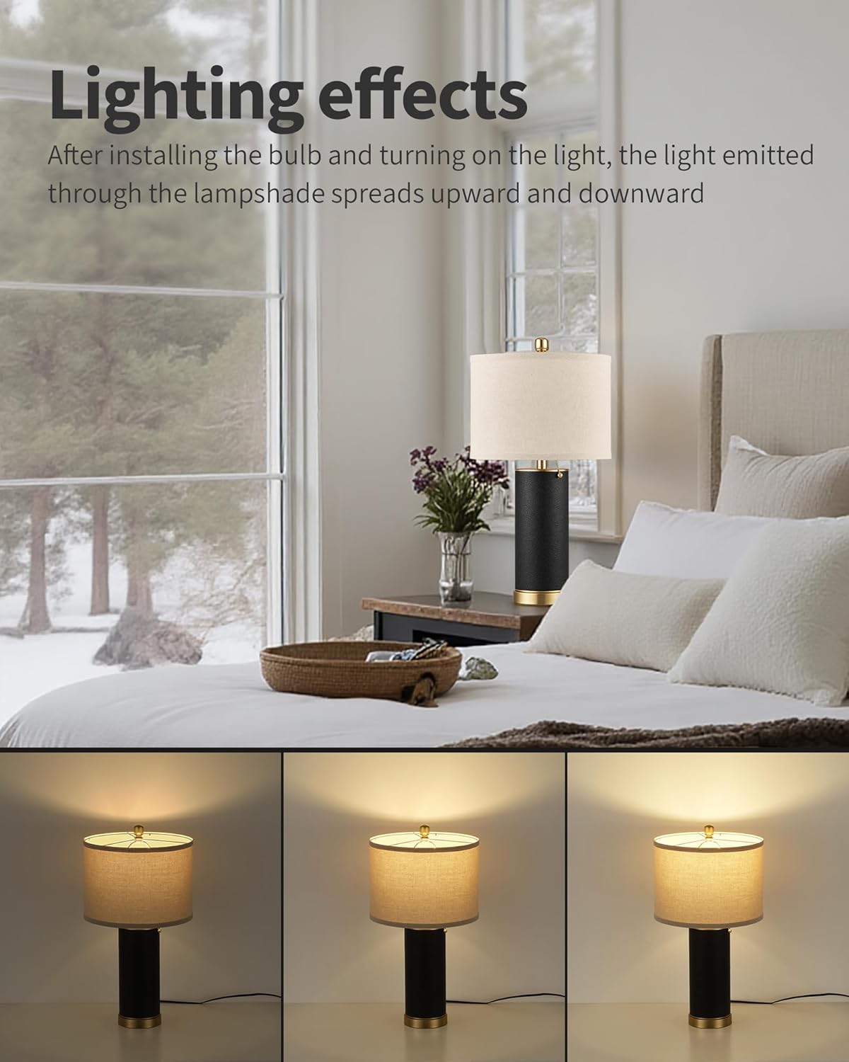 [Color] PU leather table lamp with fabric shade, [angle view], modern farmhouse style for bedroom or living room — view 4