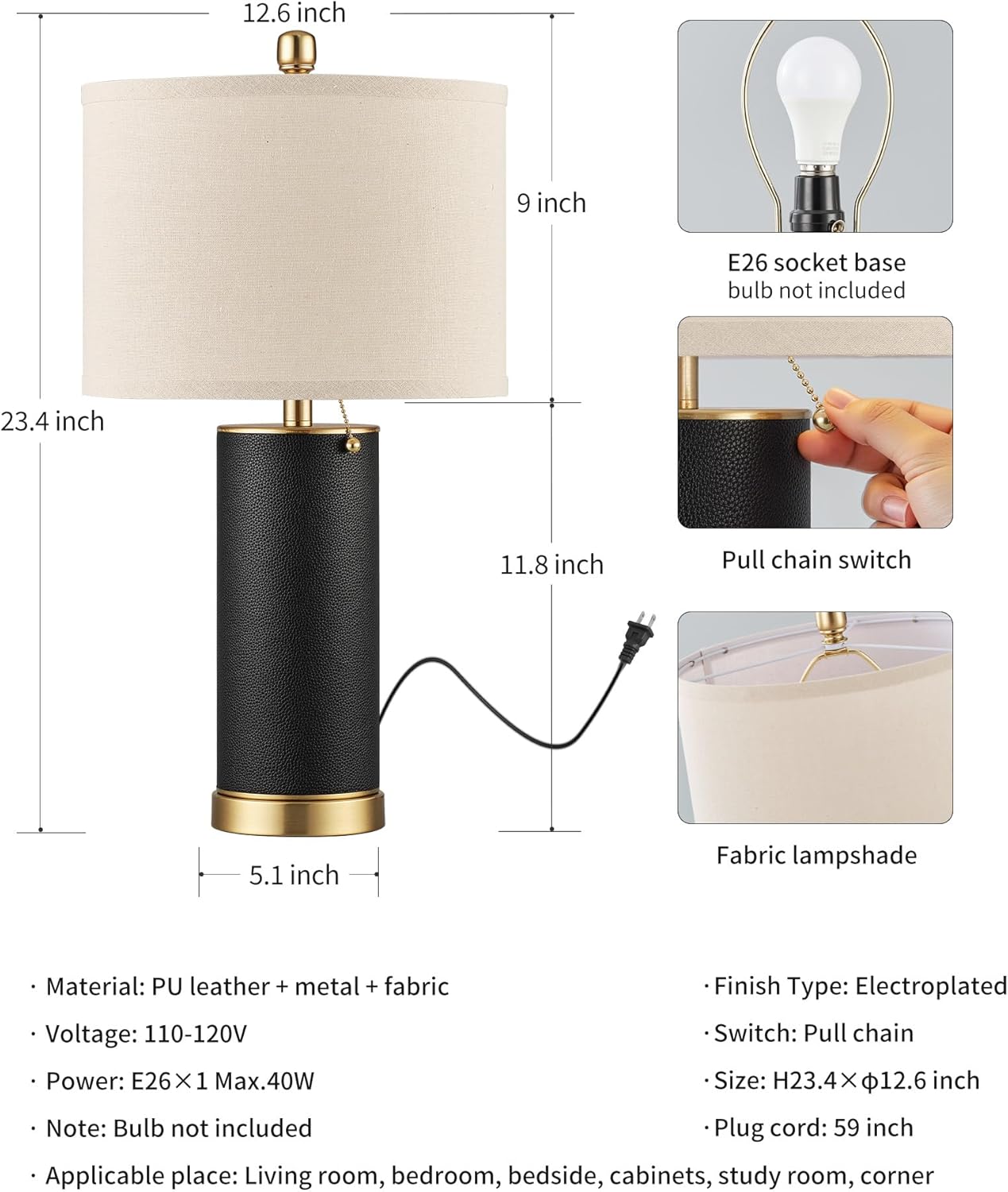 [Color] PU leather table lamp with fabric shade, [angle view], modern farmhouse style for bedroom or living room — view 2