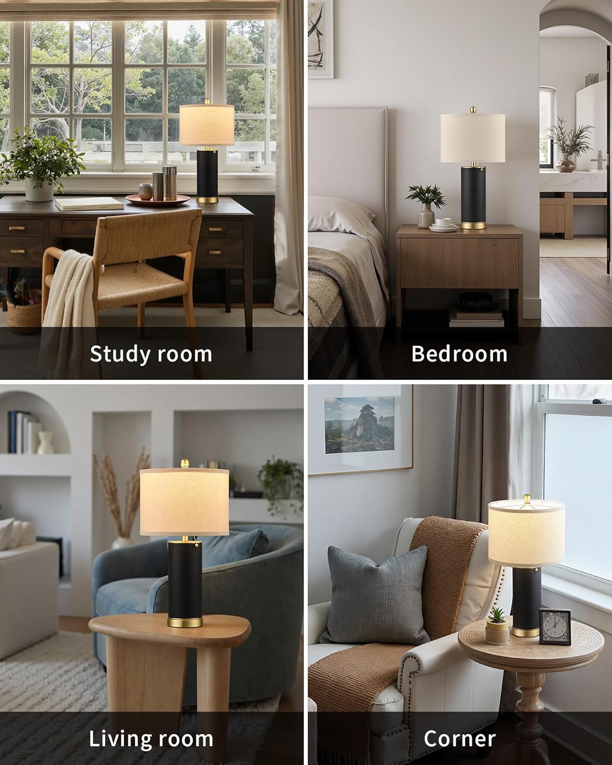 [Color] PU leather table lamp with fabric shade, [angle view], modern farmhouse style for bedroom or living room — view 3