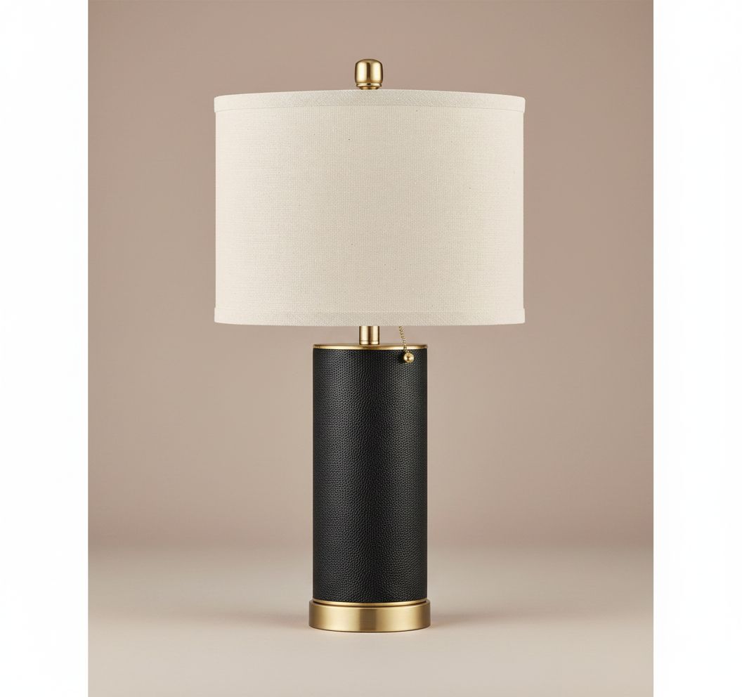 [Color] PU leather table lamp with fabric shade, [angle view], modern farmhouse style for bedroom or living room — hero view 1