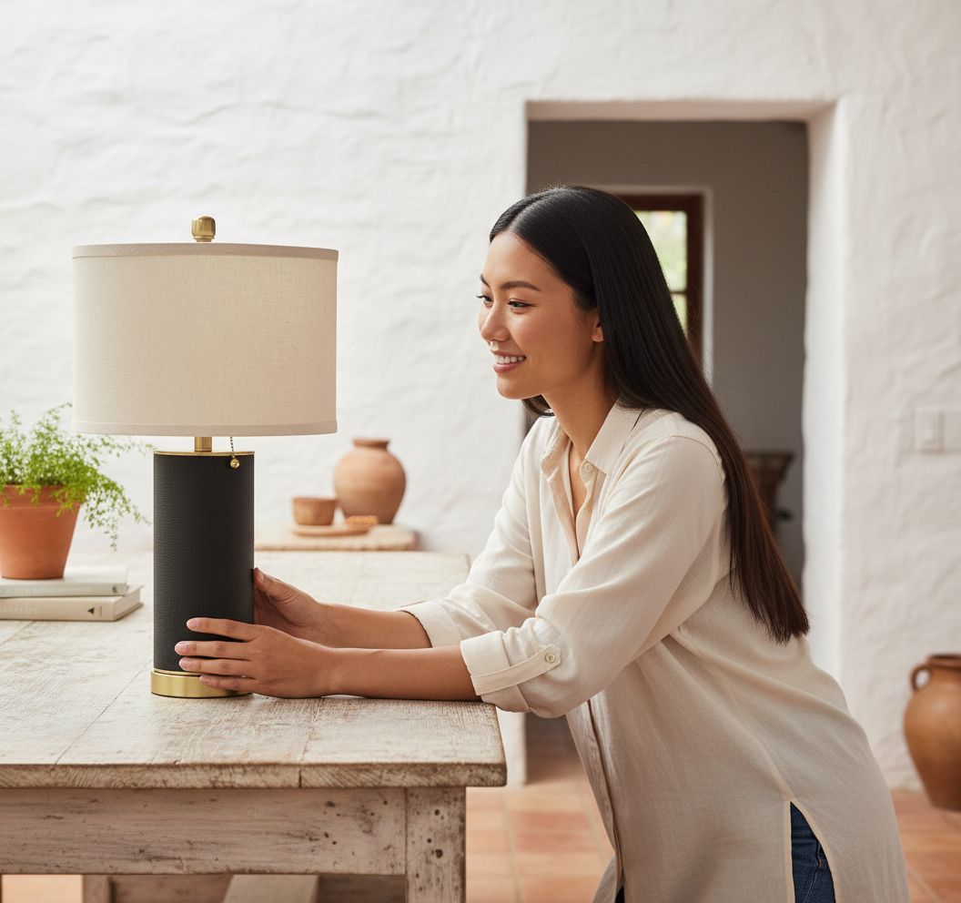 [Color] PU leather table lamp with fabric shade, [angle view], modern farmhouse style for bedroom or living room — view 2