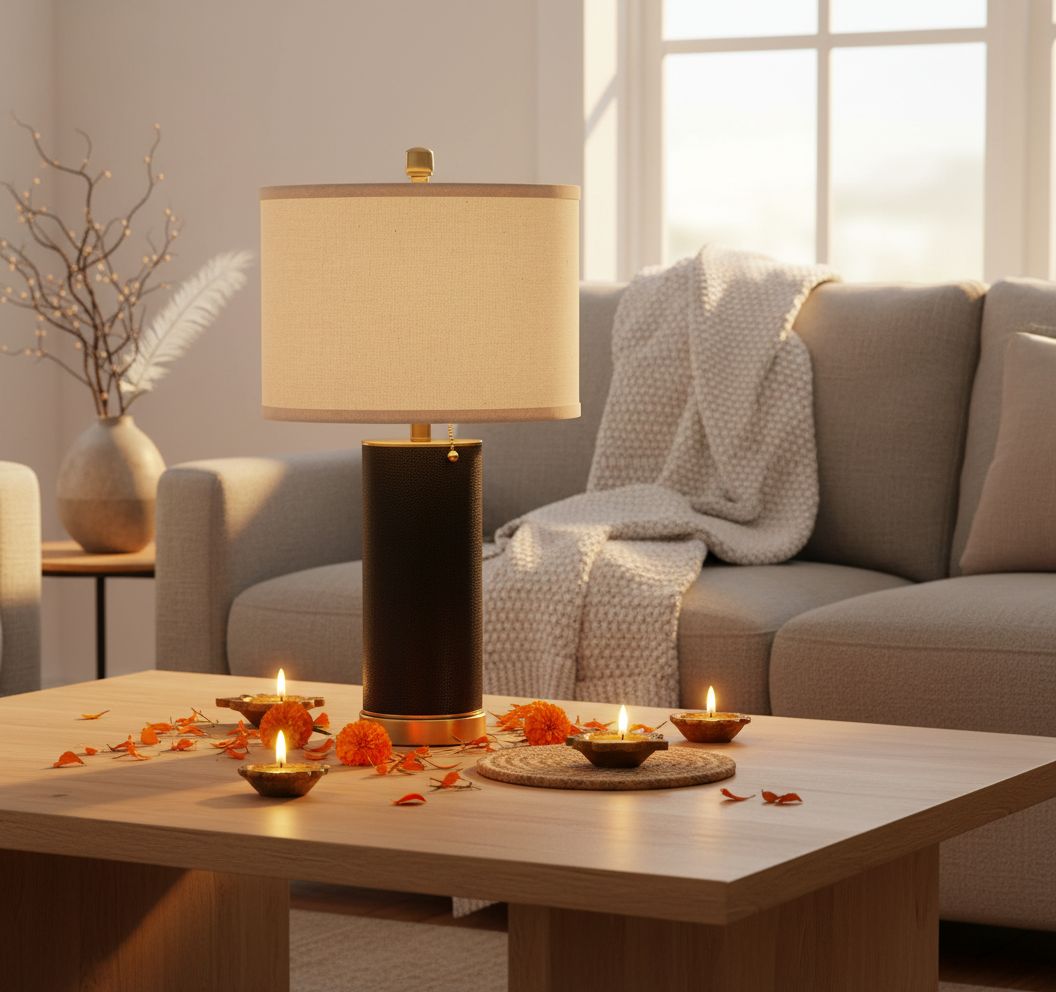 [Color] PU leather table lamp with fabric shade, [angle view], modern farmhouse style for bedroom or living room — view 4