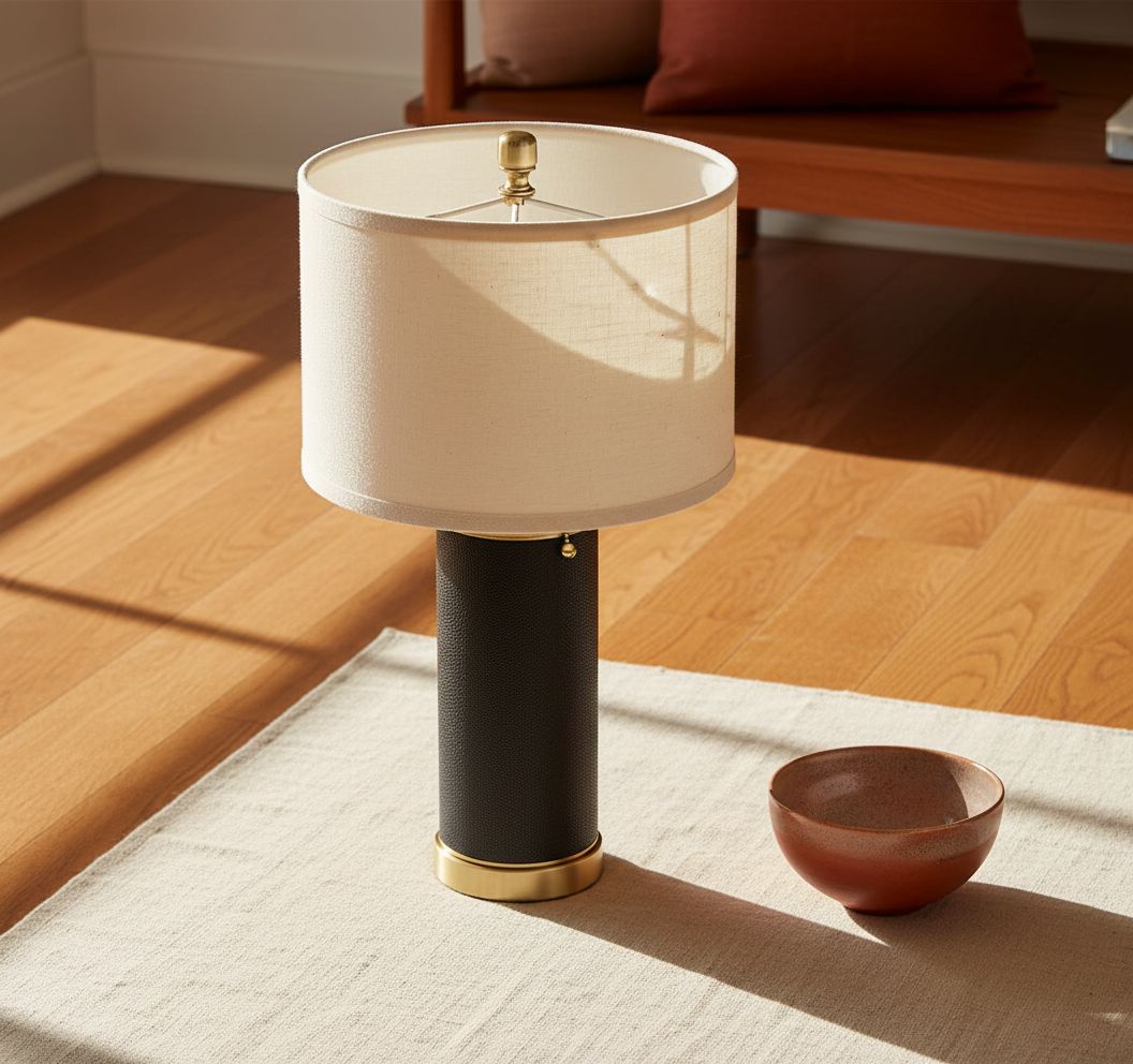 [Color] PU leather table lamp with fabric shade, [angle view], modern farmhouse style for bedroom or living room — view 5a