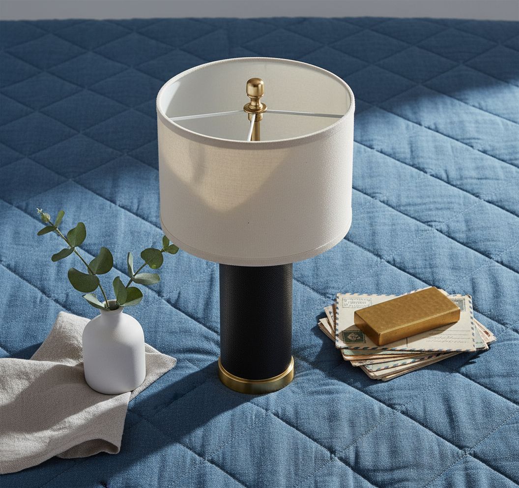 [Color] PU leather table lamp with fabric shade, [angle view], modern farmhouse style for bedroom or living room — hero view 2