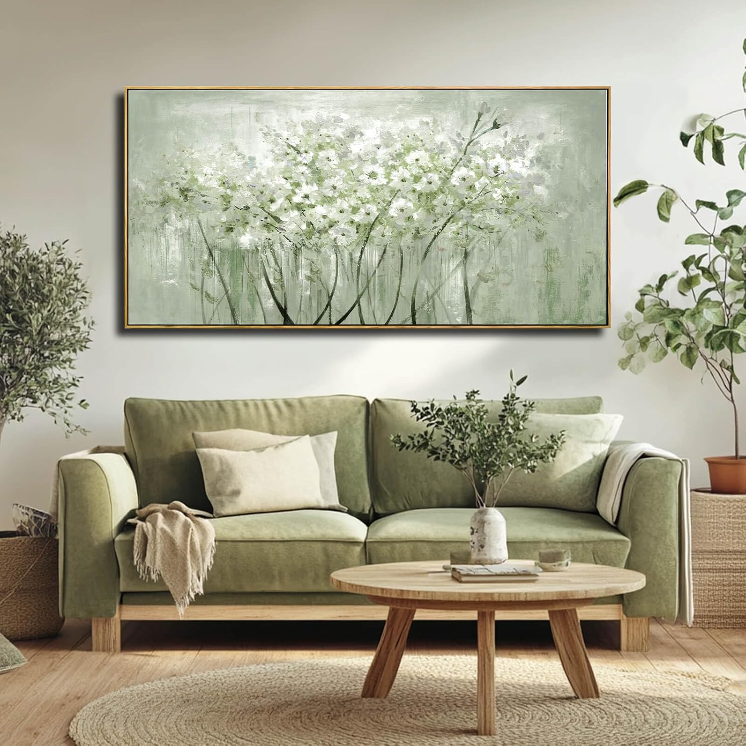 Large framed sage green botanical canvas wall art print featuring nature plant design, modern farmhouse style — view 1