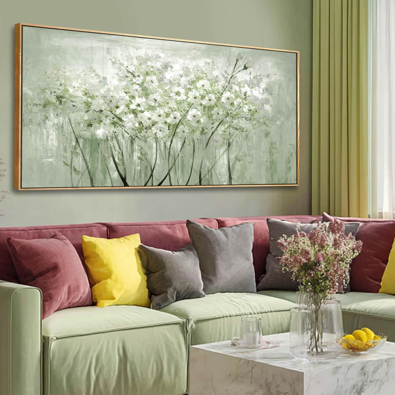 Large framed sage green botanical canvas wall art print featuring nature plant design, modern farmhouse style — view 2
