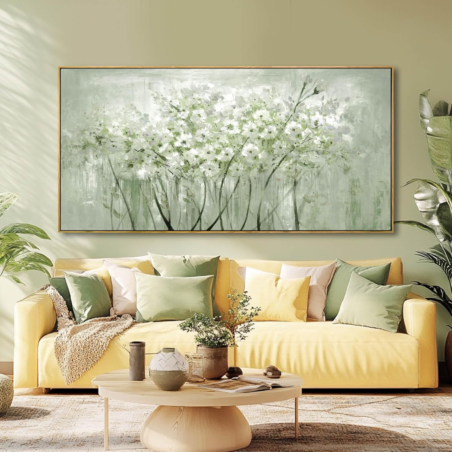 Large framed sage green botanical canvas wall art print featuring nature plant design, modern farmhouse style — view 3