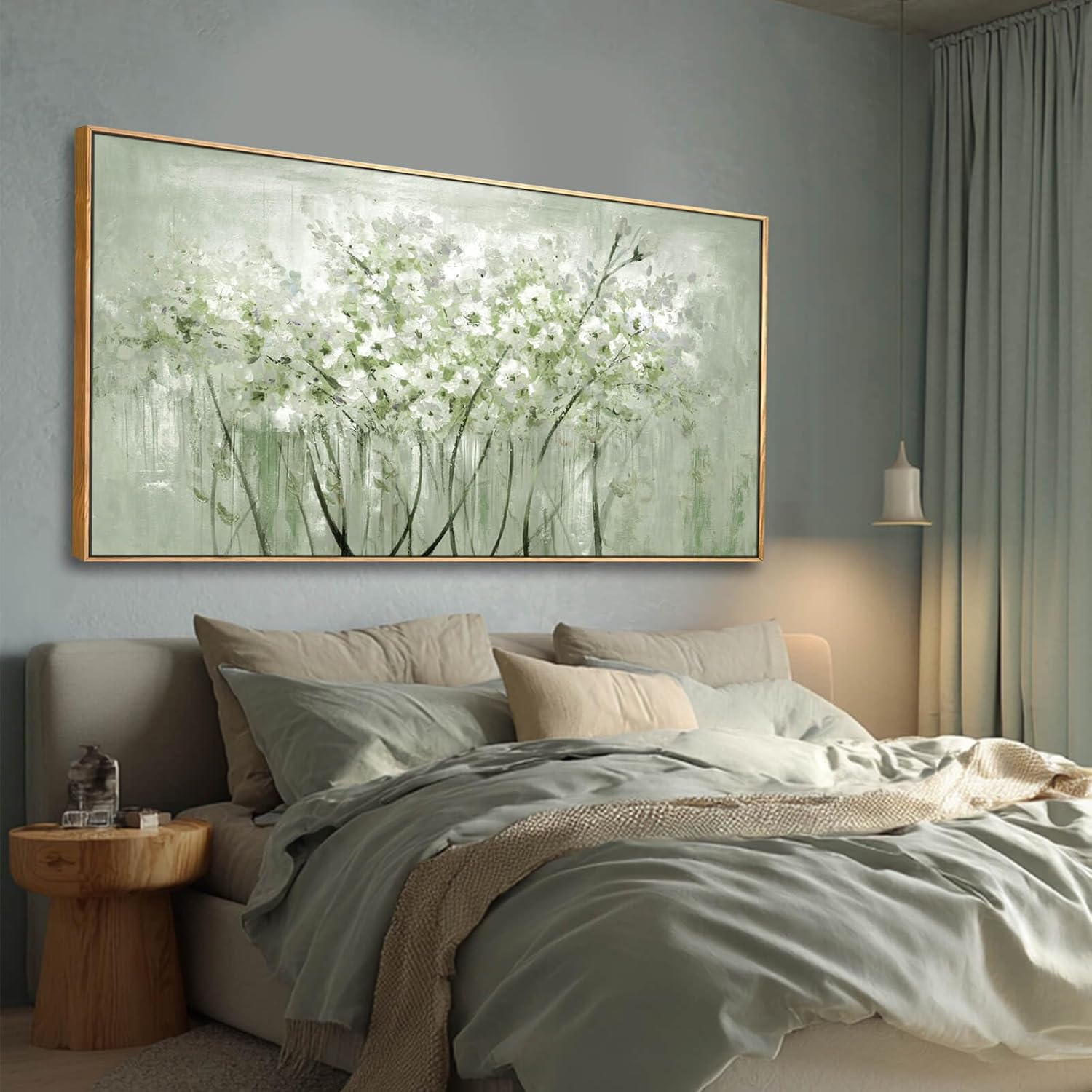 Large framed sage green botanical canvas wall art print featuring nature plant design, modern farmhouse style — view 4