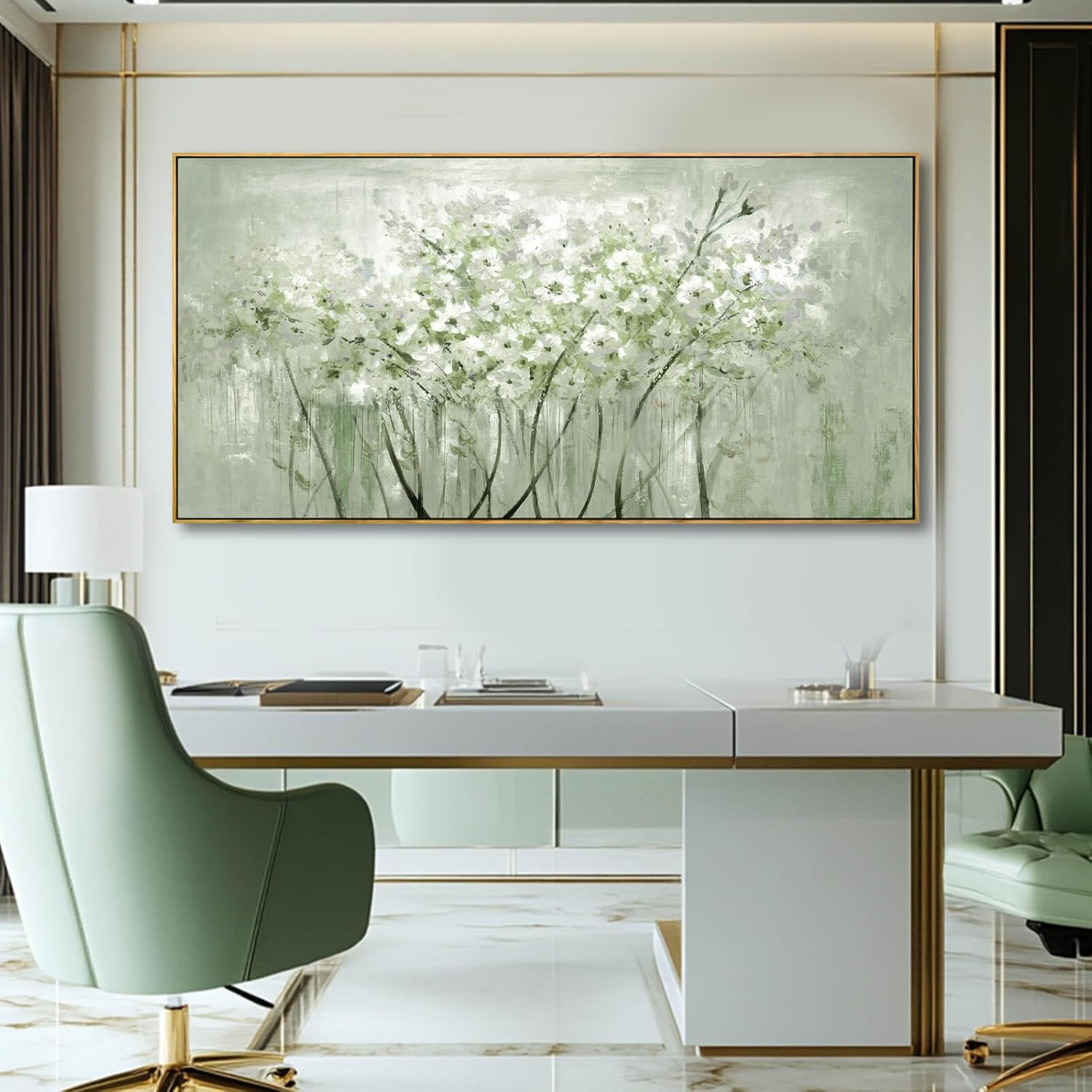 Large framed sage green botanical canvas wall art print featuring nature plant design, modern farmhouse style — view 2