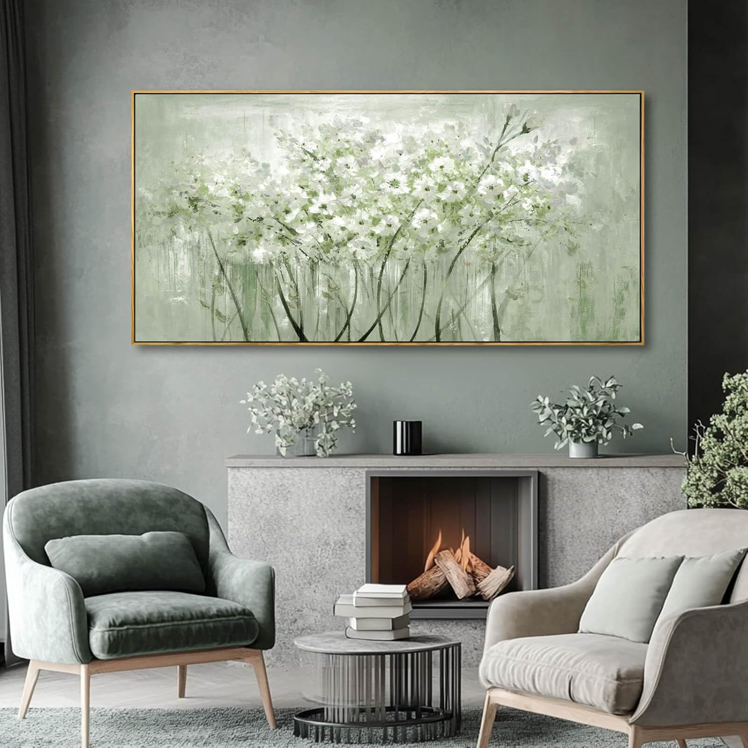Large framed sage green botanical canvas wall art print featuring nature plant design, modern farmhouse style — view 3