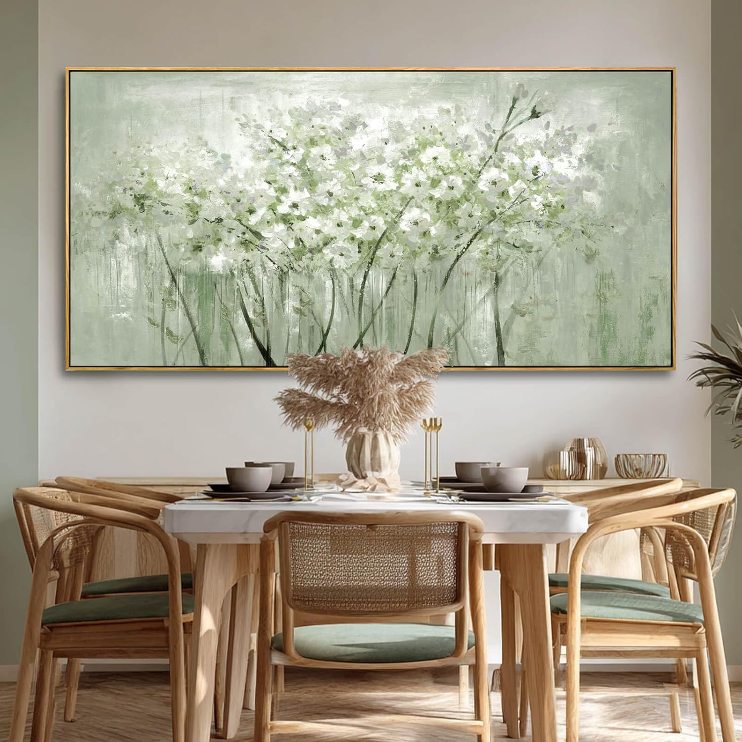 Large framed sage green botanical canvas wall art print featuring nature plant design, modern farmhouse style — view 4