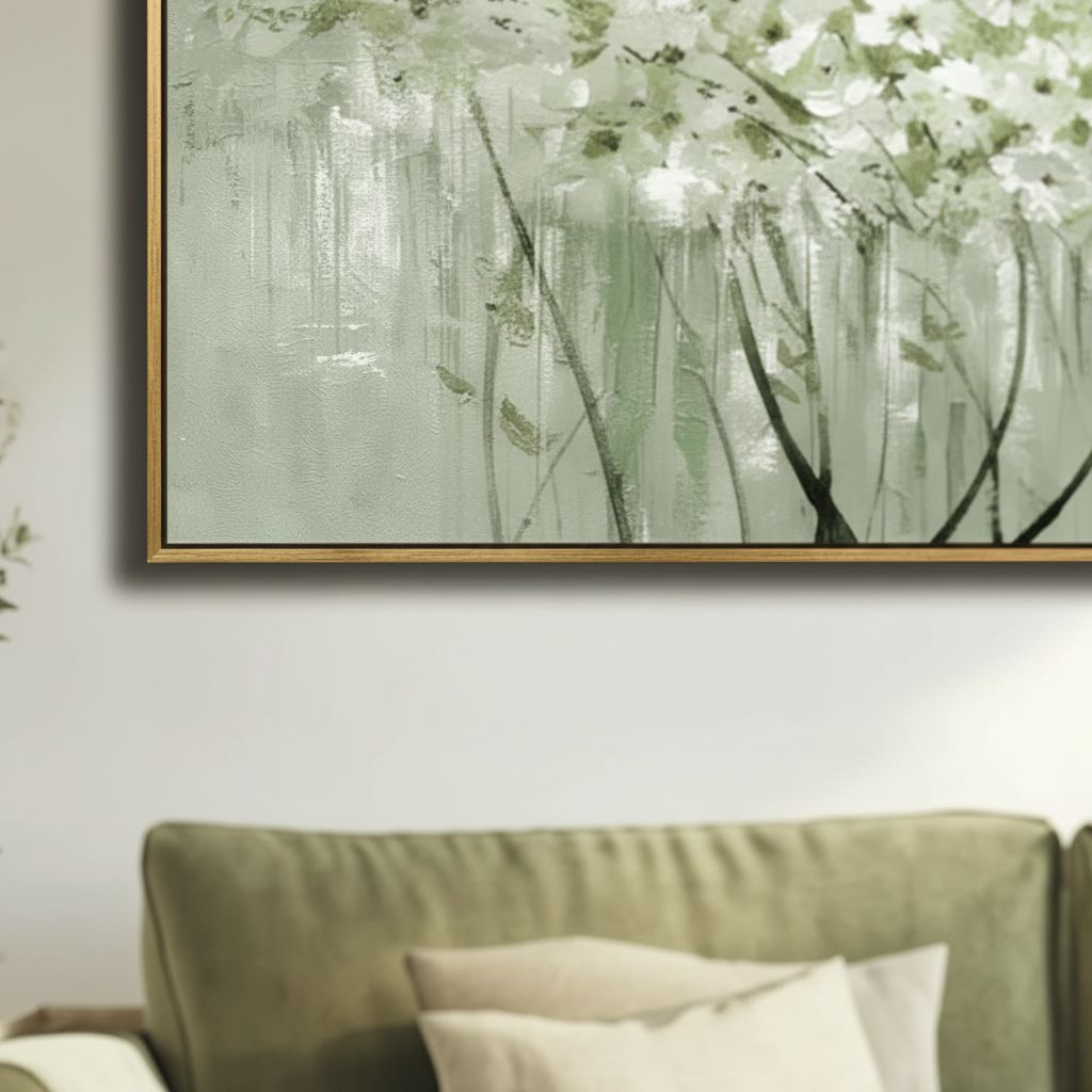 Large framed sage green botanical canvas wall art print featuring nature plant design, modern farmhouse style — view 7