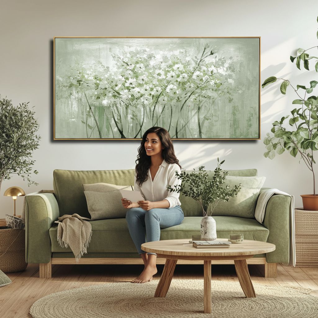 Large framed sage green botanical canvas wall art print featuring nature plant design, modern farmhouse style — view 2