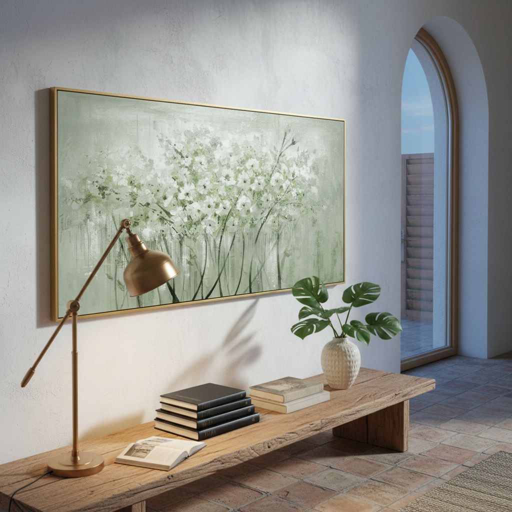 Large framed sage green botanical canvas wall art print featuring nature plant design, modern farmhouse style — view 3a