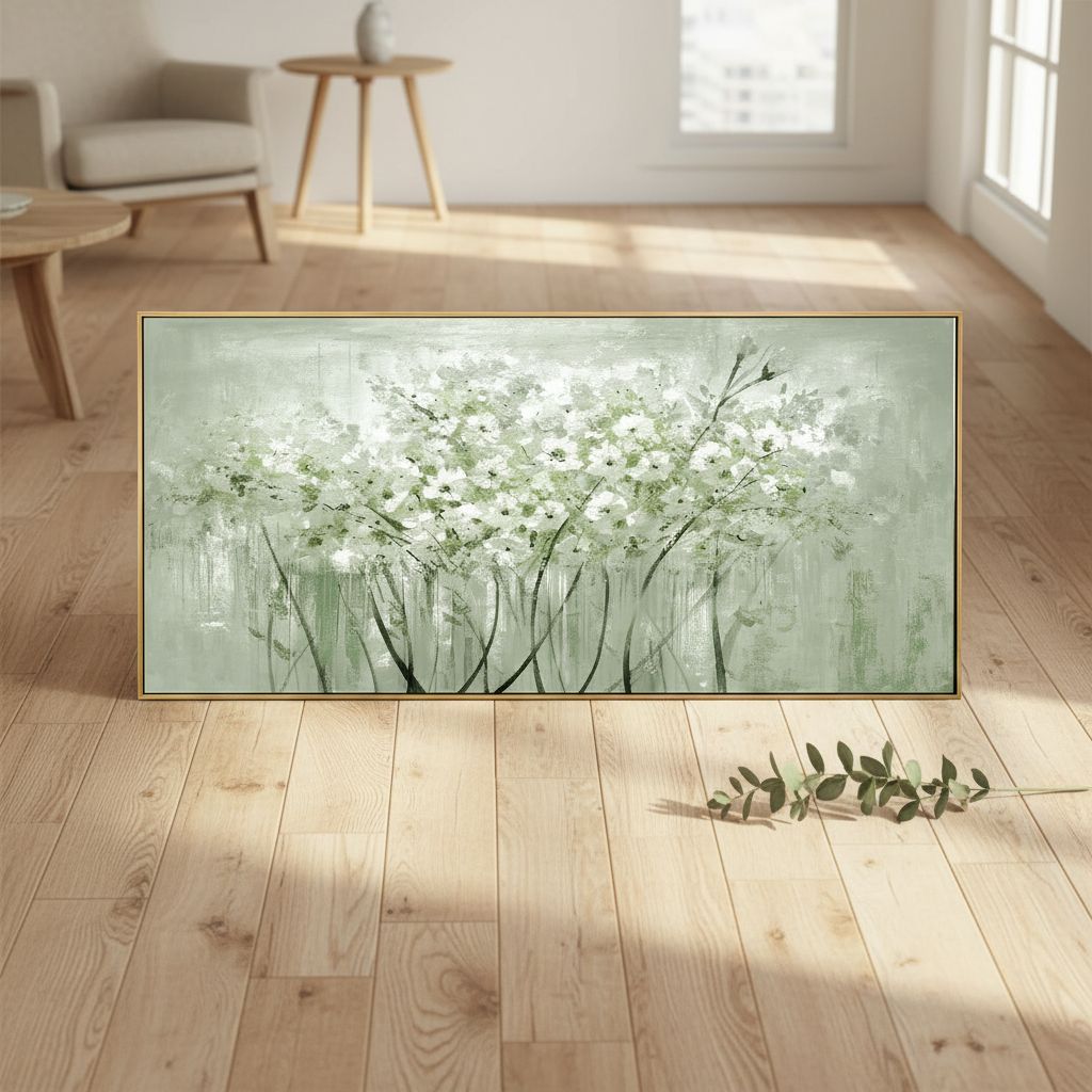 Large framed sage green botanical canvas wall art print featuring nature plant design, modern farmhouse style — view 5a